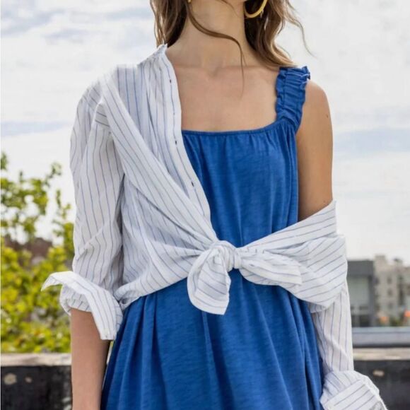 Lilla P Gathered Strap Peplum Midi Dress Cotton Modal Blend Marlin Blue XS NWT - Picture 4 of 13